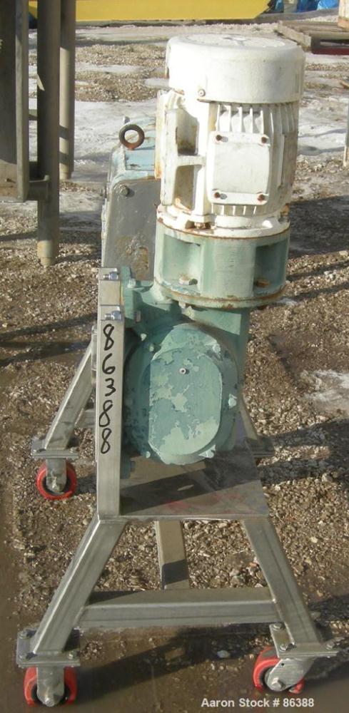 USED: Waukesha positive displacement pump parts consisting of (1) model 320 gear housing, (2) shafts and a 3 hp, 3/60/230/460 volt, 1725 rpm Dodge gearmotor, ratio 30. Mounted on a stainless steel st...