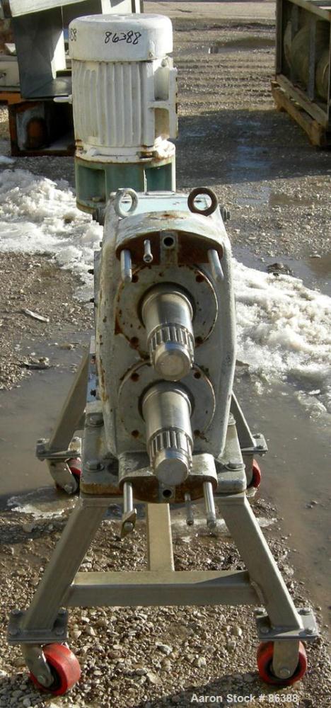 USED: Waukesha positive displacement pump parts consisting of (1) model 320 gear housing, (2) shafts and a 3 hp, 3/60/230/460 volt, 1725 rpm Dodge gearmotor, ratio 30. Mounted on a stainless steel st...