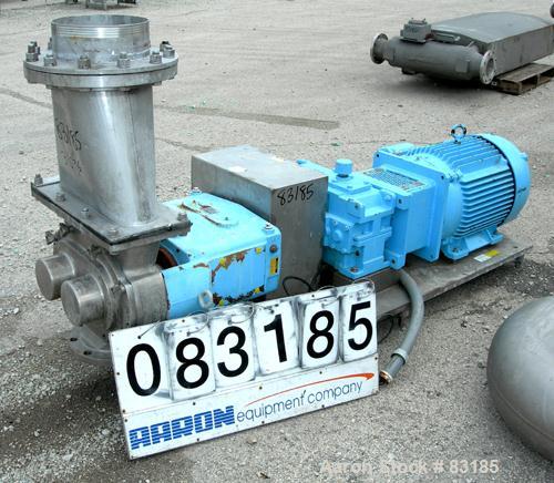USED: Waukesha rectangular flange rotary positive displacement pump, model 324, 316 stainless steel. Approximately 300 gallons per minute, 75 gallons displacement per 100 revolutions. Top inlet with ...
