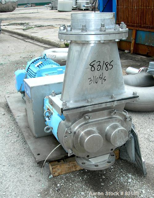 USED: Waukesha rectangular flange rotary positive displacement pump, model 324, 316 stainless steel. Approximately 300 gallons per minute, 75 gallons displacement per 100 revolutions. Top inlet with ...