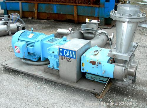 USED: Waukesha rectangular flange rotary positive displacement pump, model 324, 316 stainless steel. Approximately 300 gallons per minute, 75 gallons displacement per 100 revolutions. Top inlet with ...