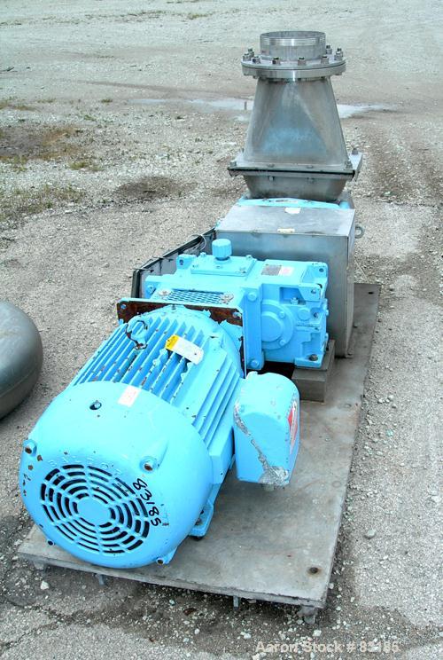 USED: Waukesha rectangular flange rotary positive displacement pump, model 324, 316 stainless steel. Approximately 300 gallons per minute, 75 gallons displacement per 100 revolutions. Top inlet with ...