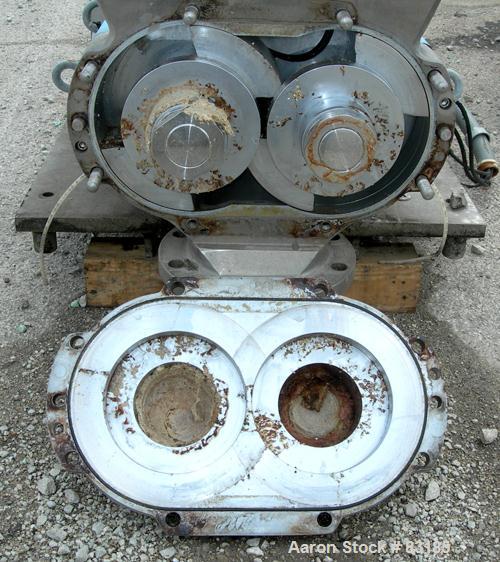USED: Waukesha rectangular flange rotary positive displacement pump, model 324, 316 stainless steel. Approximately 300 gallons per minute, 75 gallons displacement per 100 revolutions. Top inlet with ...