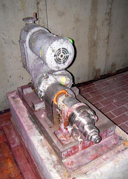 Used Waukesha rotary positive displacement pump, model 3, stainless steel. 1-1/2" NPT inlet/outlet. (2) stainless rotors, vented cover. Driven by a 1 1/2 hp, 3/60/230/460 volt, 1730 rpm vari speed mo...