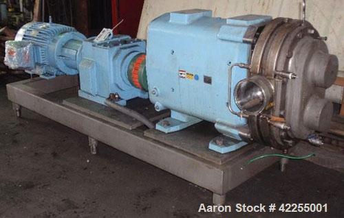 Used Waukesha Rotary Positive Displacement Pump, model 420, 316 stainless steel. Approximately 640 gallons per minute at 200 psi, 1.62 gallon displacement per revolution. 6" inlet/outlet, bolt on sta...
