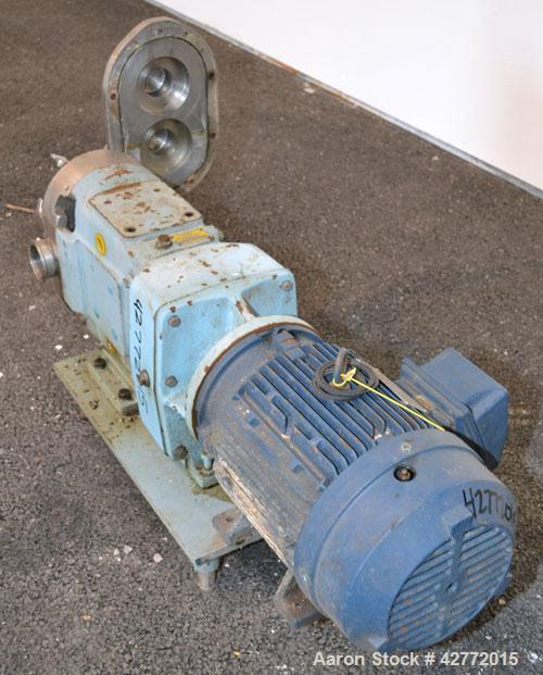 Used Waukesha Rotary Positive Displacement Pump, Model 60, 316 Stainless Steel. Approximately 90 gallons per minute at 200 psi at 600 rpm. (.153) gallons displacement per revolution. 2-1/2" Tri-clamp...