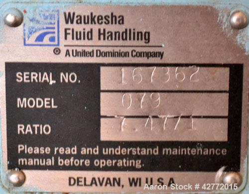 Used Waukesha Rotary Positive Displacement Pump, Model 60, 316 Stainless Steel. Approximately 90 gallons per minute at 200 psi at 600 rpm. (.153) gallons displacement per revolution. 2-1/2" Tri-clamp...