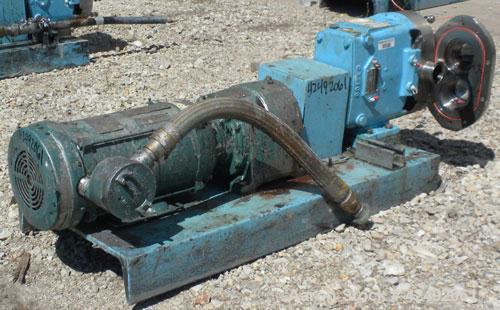 Used Waukesha Rotary Positive Displacement Pump, Model AP-030, 316 Stainless Steel. Approximately 36 gallons per minute at 100 psi at 600 rpm capacity, .06 gallon displacement per revolution. 1-1/2" ...