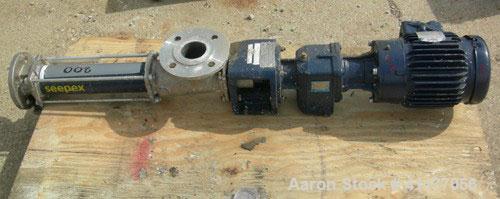 Used Seepex single stage progressive cavity pump, 316 stainless steel. Range BN, size 5, pressure stage 6L. 2-1/2" inlet, 2" outlet. Rated 5.4 to 7.2 gm at 25 psi. Driven by a 1-1/2 hp, 3/60/208-230/...
