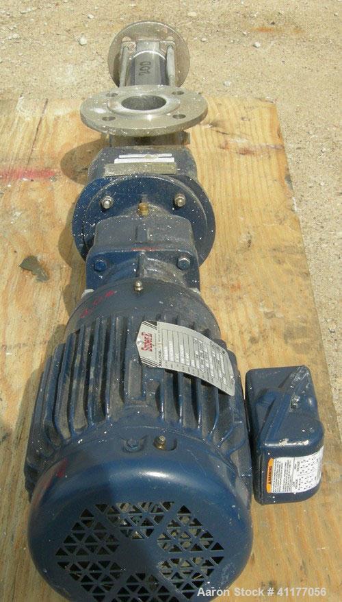 Used Seepex single stage progressive cavity pump, 316 stainless steel. Range BN, size 5, pressure stage 6L. 2-1/2" inlet, 2" outlet. Rated 5.4 to 7.2 gm at 25 psi. Driven by a 1-1/2 hp, 3/60/208-230/...