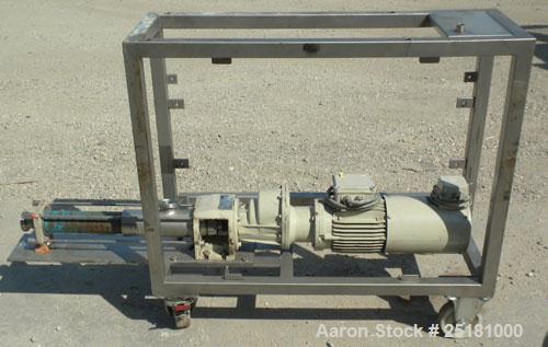 Used Hansa Processing Cavity Pump, 316 Stainless Steel. (.75) Liter per minute. 3" threaded inlet, 2-1/2’’ threaded outlet. Driven by a 1.8 kw, 3/280 volt, 3050 rpm DC gear motor. Minimum/maximum rpm...