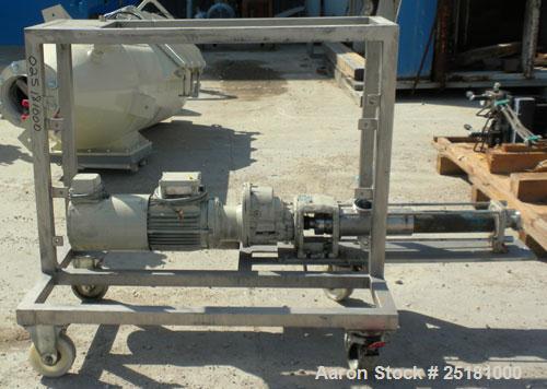 Used Hansa Processing Cavity Pump, 316 Stainless Steel. (.75) Liter per minute. 3" threaded inlet, 2-1/2’’ threaded outlet. Driven by a 1.8 kw, 3/280 volt, 3050 rpm DC gear motor. Minimum/maximum rpm...