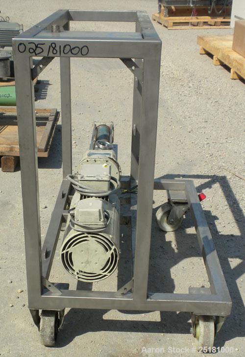 Used Hansa Processing Cavity Pump, 316 Stainless Steel. (.75) Liter per minute. 3" threaded inlet, 2-1/2’’ threaded outlet. Driven by a 1.8 kw, 3/280 volt, 3050 rpm DC gear motor. Minimum/maximum rpm...