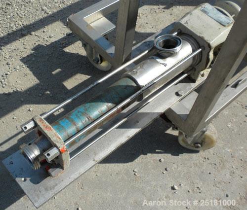 Used Hansa Processing Cavity Pump, 316 Stainless Steel. (.75) Liter per minute. 3" threaded inlet, 2-1/2’’ threaded outlet. Driven by a 1.8 kw, 3/280 volt, 3050 rpm DC gear motor. Minimum/maximum rpm...