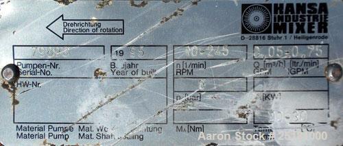 Used- Hansa Processing Cavity Pump, 316 Stainless Steel. (.75) Liter per minute. 3" threaded inlet, 2-1/2’’ threaded outlet....