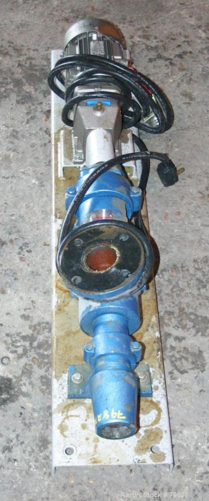 USED:Moyno progressive cavity pump, carbon steel, model 1L4, typeCDQ. 2-1/2" suction, 2-1/4" NPT discharge, cast iron/hardened steelhousing, Buna-N stator, thru torque arm, driven by a 2 hp, 3/60/230...