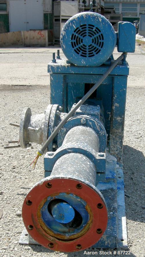 USED: Moyno Centennial progressing cavity pump, 2 stage, model 2G065G1CDQAAA, cast iron. 8" inlet/outlet. Nitrile stator, approximate capacity 262 gallons per minute at 575 rpm at 45 psi. Driven by a...