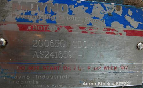 USED: Moyno Centennial progressing cavity pump, 2 stage, model 2G065G1CDQAAA, cast iron. 8" inlet/outlet. Nitrile stator, approximate capacity 262 gallons per minute at 575 rpm at 45 psi. Driven by a...