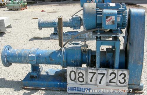 USED: Moyno Centennial progressing cavity pump, 2 stage, model 2G065G1CDYAAA, cast iron. 8" inlet/outlet. Nitrile stator, approximate capacity 262 gallons per minute at 575 rpm at 45 psi. Driven by a...
