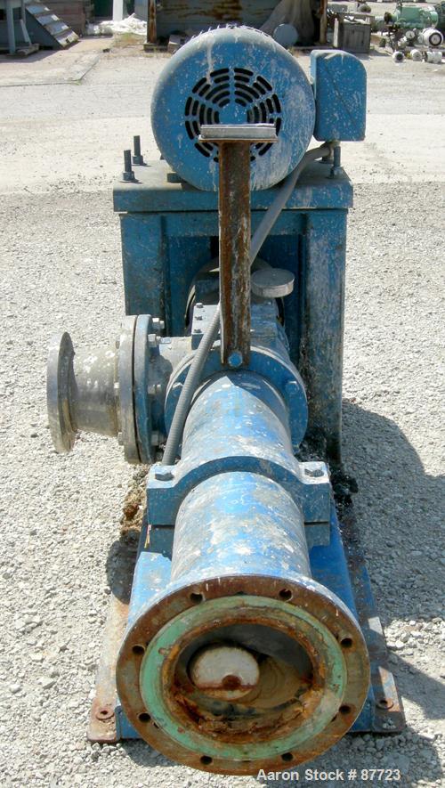 USED: Moyno Centennial progressing cavity pump, 2 stage, model 2G065G1CDYAAA, cast iron. 8" inlet/outlet. Nitrile stator, approximate capacity 262 gallons per minute at 575 rpm at 45 psi. Driven by a...