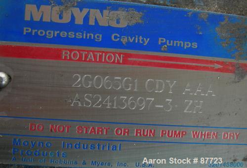 USED: Moyno Centennial progressing cavity pump, 2 stage, model 2G065G1CDYAAA, cast iron. 8" inlet/outlet. Nitrile stator, approximate capacity 262 gallons per minute at 575 rpm at 45 psi. Driven by a...