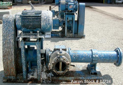 Used Moyno Centennial Progressing Cavity Pump, 2 Stage, Model 2G065G1CDYAAA, Cast Iron. 8" Inlet/outlet. Nitrile stator, approximate capacity 262 gallons per minute at 575 rpm at 45 psi. Driven by a ...