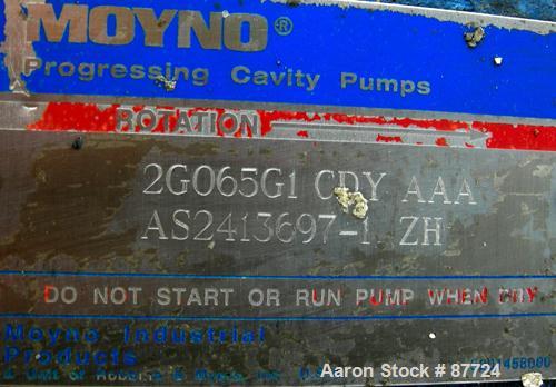 Used Moyno Centennial Progressing Cavity Pump, 2 Stage, Model 2G065G1CDYAAA, Cast Iron. 8" Inlet/outlet. Nitrile stator, approximate capacity 262 gallons per minute at 575 rpm at 45 psi. Driven by a ...