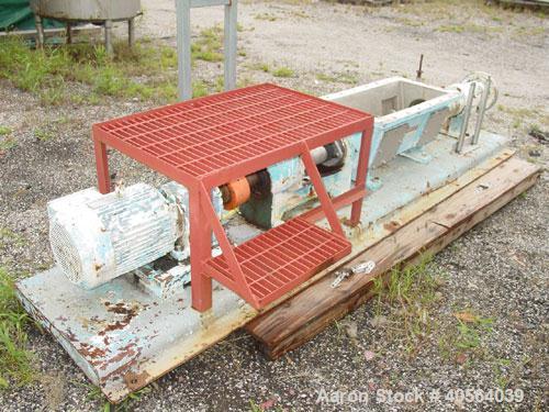 Used Moyno 2 Stage Processing Cavity Pump, Model 2G0GS2/SSQ, Trim AAA. 36 gallons per revolution at 160 psi. Open throat design with feed screw. 5 1/2" discharge. Chrome plated rotor, nitrile stator....