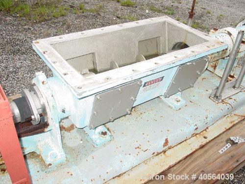 Used Moyno 2 Stage Processing Cavity Pump, Model 2G0GS2/SSQ, Trim AAA. 36 gallons per revolution at 160 psi. Open throat design with feed screw. 5 1/2" discharge. Chrome plated rotor, nitrile stator....