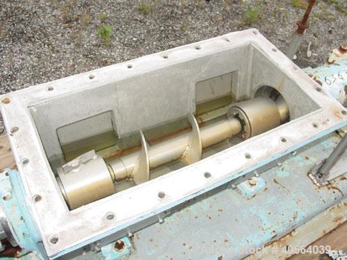 Used Moyno 2 Stage Processing Cavity Pump, Model 2G0GS2/SSQ, Trim AAA. 36 gallons per revolution at 160 psi. Open throat design with feed screw. 5 1/2" discharge. Chrome plated rotor, nitrile stator....
