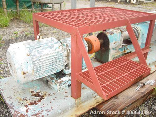 Used Moyno 2 Stage Processing Cavity Pump, Model 2G0GS2/SSQ, Trim AAA. 36 gallons per revolution at 160 psi. Open throat design with feed screw. 5 1/2" discharge. Chrome plated rotor, nitrile stator....
