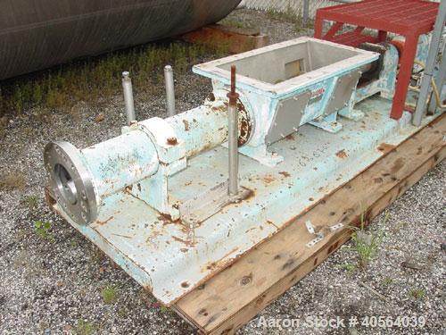 Used Moyno 2 Stage Processing Cavity Pump, Model 2G0GS2/SSQ, Trim AAA. 36 gallons per revolution at 160 psi. Open throat design with feed screw. 5 1/2" discharge. Chrome plated rotor, nitrile stator....