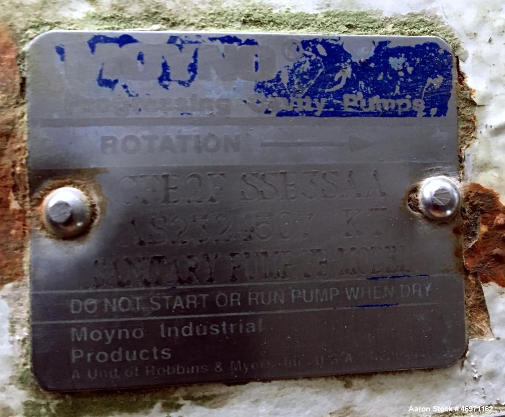 Used Moyno Progressive Cavity Pump, Model CFB2FSSB3SAA. Driven by a 7.5hp, 3/60/230/460 volt, 1770 rpm gear motor, ratio 4.82 to 1. Serial# AS2324507.