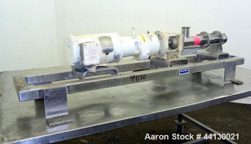 Used Moyno Sanitary Progressive Cavity Pump, Model Frame FB1C, Type SSE, Trim SAB, Stainless Steel. Nitrile rubber stator, Approximate 10 gallons per minute. 2" Tri-clamp inlet/outlet. Driven by a 1h...