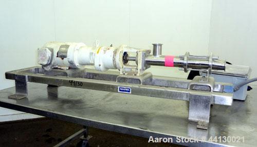 Used Moyno Sanitary Progressive Cavity Pump, Model Frame FB1C, Type SSE, Trim SAB, Stainless Steel. Nitrile rubber stator, Approximate 10 gallons per minute. 2" Tri-clamp inlet/outlet. Driven by a 1h...