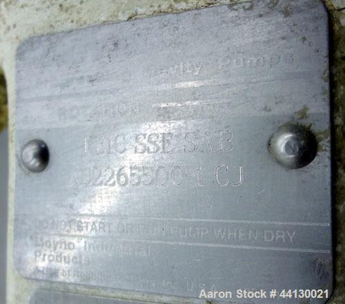 Used Moyno Sanitary Progressive Cavity Pump, Model Frame FB1C, Type SSE, Trim SAB, Stainless Steel. Nitrile rubber stator, Approximate 10 gallons per minute. 2" Tri-clamp inlet/outlet. Driven by a 1h...