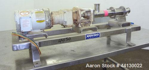 Used Moyno Sanitary Progressive Cavity Pump, Model Frame FB1C, Type SSE, Trim SAB, Stainless Steel. Nitrile rubber stator, Approximate 10 gallons per minute. 2" Tri-clamp inlet/outlet. Driven by a 1h...