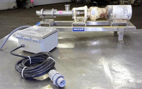Used Moyno Sanitary Progressive Cavity Pump, Model Frame FB1C, Type SSE, Trim SAB, Stainless Steel. Nitrile rubber stator, Approximate 10 gallons per minute. 2" Tri-clamp inlet/outlet. Driven by a 1h...