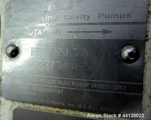 Used Moyno Sanitary Progressive Cavity Pump, Model Frame FB1C, Type SSE, Trim SAB, Stainless Steel. Nitrile rubber stator, Approximate 10 gallons per minute. 2" Tri-clamp inlet/outlet. Driven by a 1h...