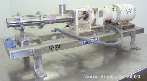 Used Moyno Sanitary Progressive Cavity Pump, Model Frame FB1C, Type SSE, Trim SAB, Stainless Steel. Nitrile rubber stator, Approximate 10 gallons per minute. 2" Tri-clamp inlet/outlet. Driven by a 1h...