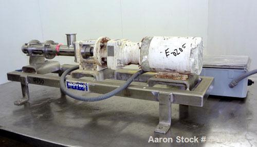 Used Moyno Sanitary Progressive Cavity Pump, Model Frame FB1C, Type SSE, Trim SAB, Stainless Steel. Nitrile rubber stator, Approximate 10 gallons per minute. 2" Tri-clamp inlet/outlet. Driven by a 1h...