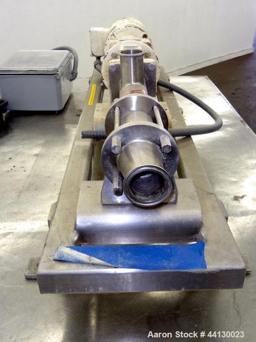 Used Moyno Sanitary Progressive Cavity Pump, Model Frame FB1C, Type SSE, Trim SAB, Stainless Steel. Nitrile rubber stator, Approximate 10 gallons per minute. 2" Tri-clamp inlet/outlet. Driven by a 1h...