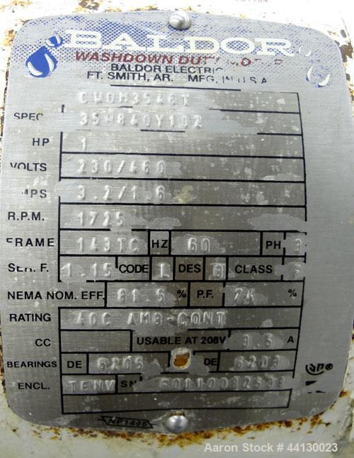 Used Moyno Sanitary Progressive Cavity Pump, Model Frame FB1C, Type SSE, Trim SAB, Stainless Steel. Nitrile rubber stator, Approximate 10 gallons per minute. 2" Tri-clamp inlet/outlet. Driven by a 1h...