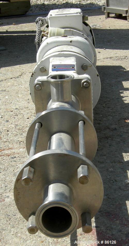 Used- Moyno Sanitary Pump, Type FB2ASSESAA, 304 Stainless Steel. 1-1/2" inlet/outlet. Driven by a 1/2 HP, 3/60/90 Volt, 1750...