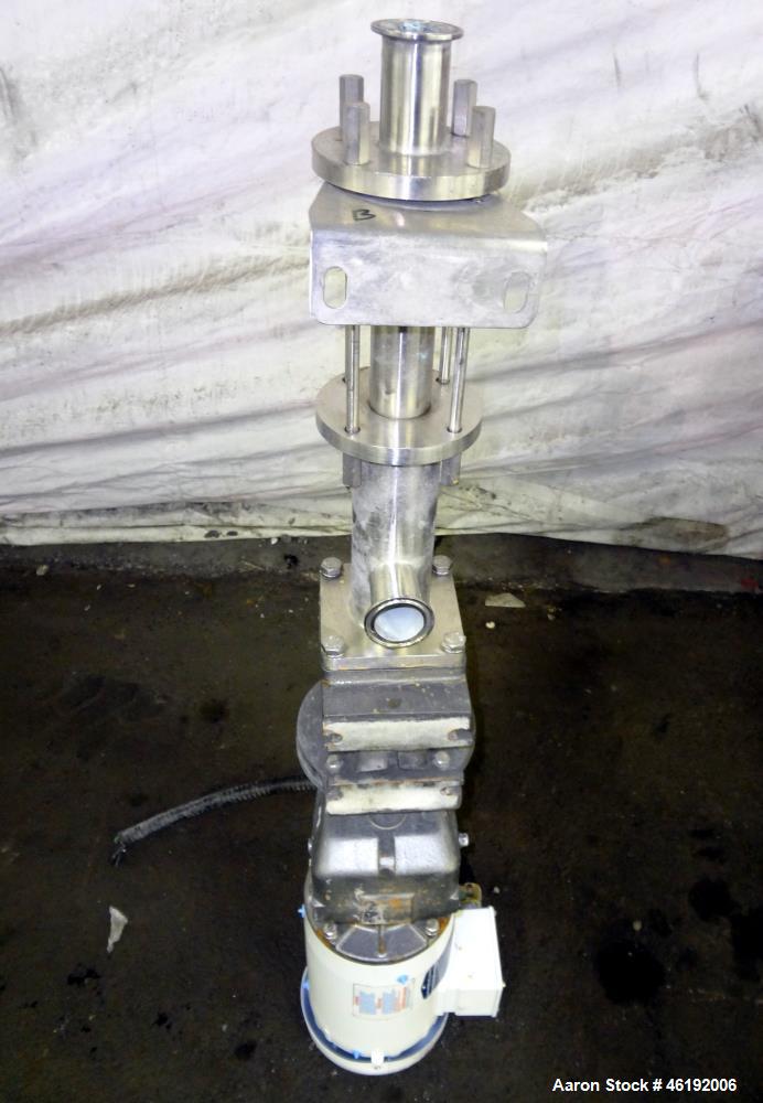 Used Moyno Sanitary Progressive Cavity Pump, Model Frame FB2A, Type SSE, Trim 3SXA. Approximately 10 gallons per minute. (2) Stages, stainless steel suction housing, Nitrile rubber stator. 1-1/2" Tri...