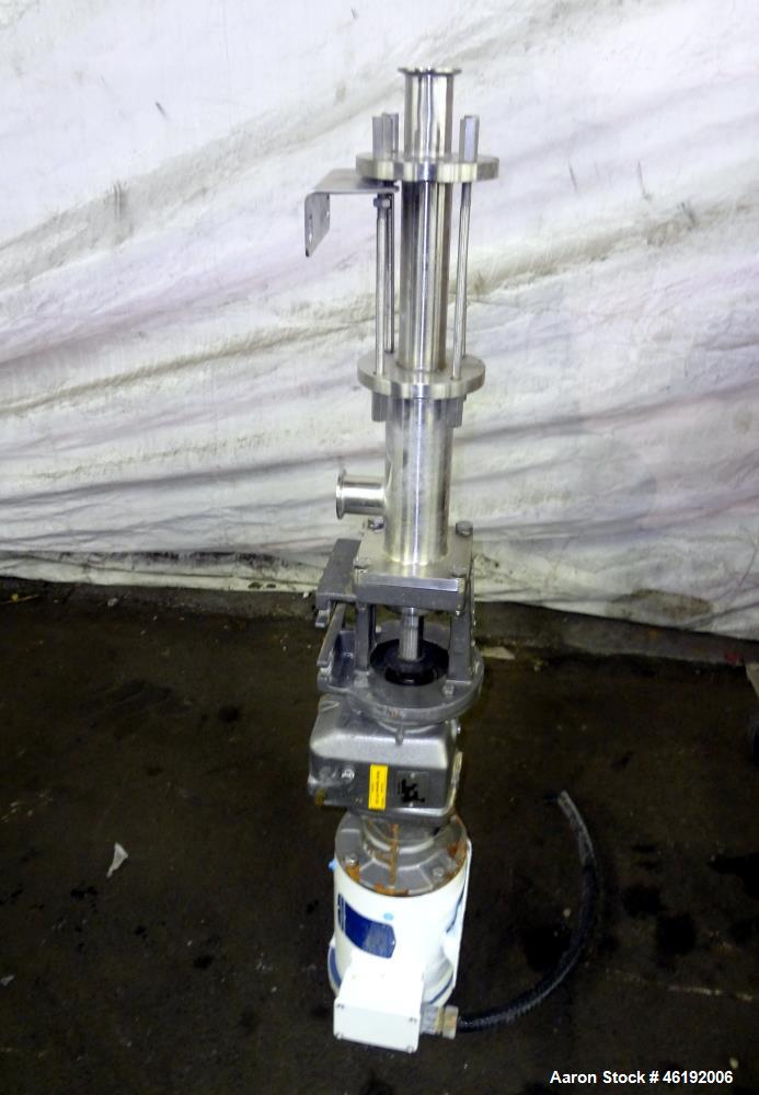 Used Moyno Sanitary Progressive Cavity Pump, Model Frame FB2A, Type SSE, Trim 3SXA. Approximately 10 gallons per minute. (2) Stages, stainless steel suction housing, Nitrile rubber stator. 1-1/2" Tri...