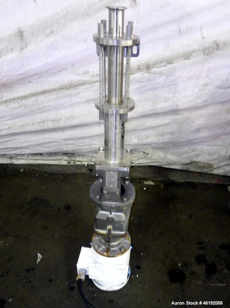 Used Moyno Sanitary Progressive Cavity Pump, Model Frame FB2A, Type SSE, Trim 3SXA. Approximately 10 gallons per minute. (2) Stages, stainless steel suction housing, Nitrile rubber stator. 1-1/2" Tri...