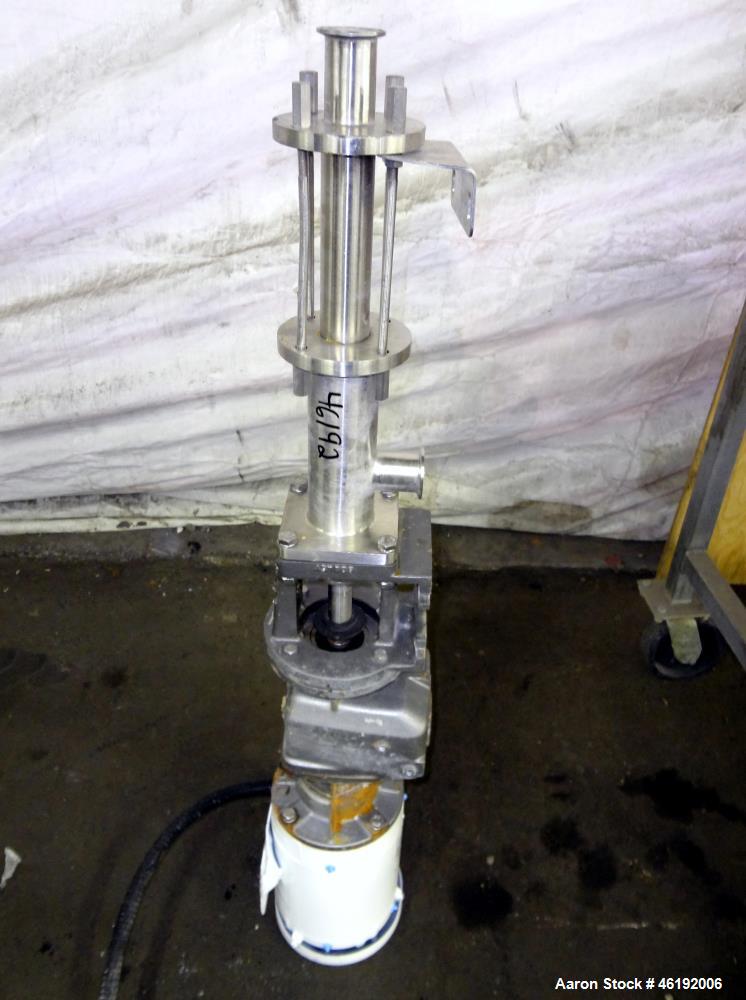 Used Moyno Sanitary Progressive Cavity Pump, Model Frame FB2A, Type SSE, Trim 3SXA. Approximately 10 gallons per minute. (2) Stages, stainless steel suction housing, Nitrile rubber stator. 1-1/2" Tri...