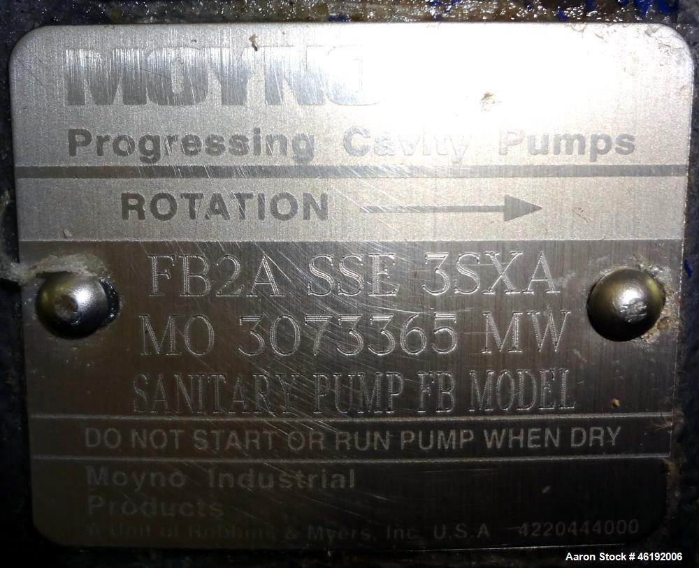 Used Moyno Sanitary Progressive Cavity Pump, Model Frame FB2A, Type SSE, Trim 3SXA. Approximately 10 gallons per minute. (2) Stages, stainless steel suction housing, Nitrile rubber stator. 1-1/2" Tri...