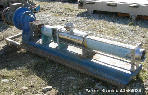 Used CSF Inox Processing Cavity Pump, Model MAN80-2/AA.T32. carbon steel body, 304 stainless steel rotor, with stator. 4 3/8" threaded inlet/outlet. Driven by a 6.3kw (8.4hp), 3/60/575 volt, 1730 rpm...
